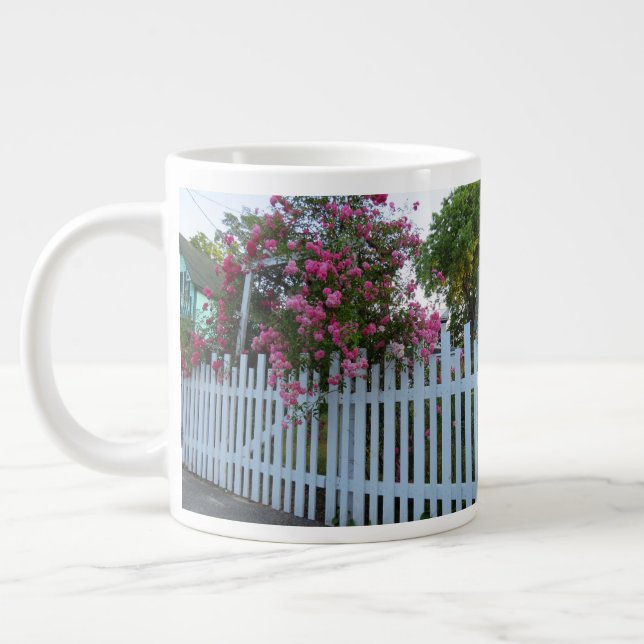 Pink Roses and Picket Fence - Martha's Vineyard Large Coffee Mug (Left)