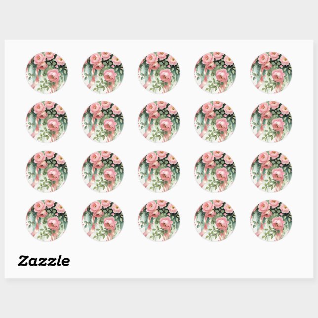 Pink Roses and Ribbons Classic Round Sticker (Sheet)