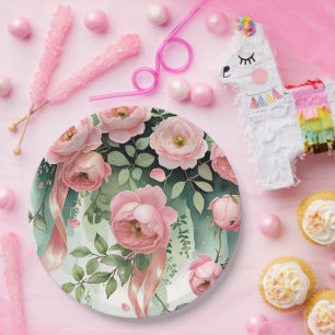 Pink Roses and Ribbons Paper Plate