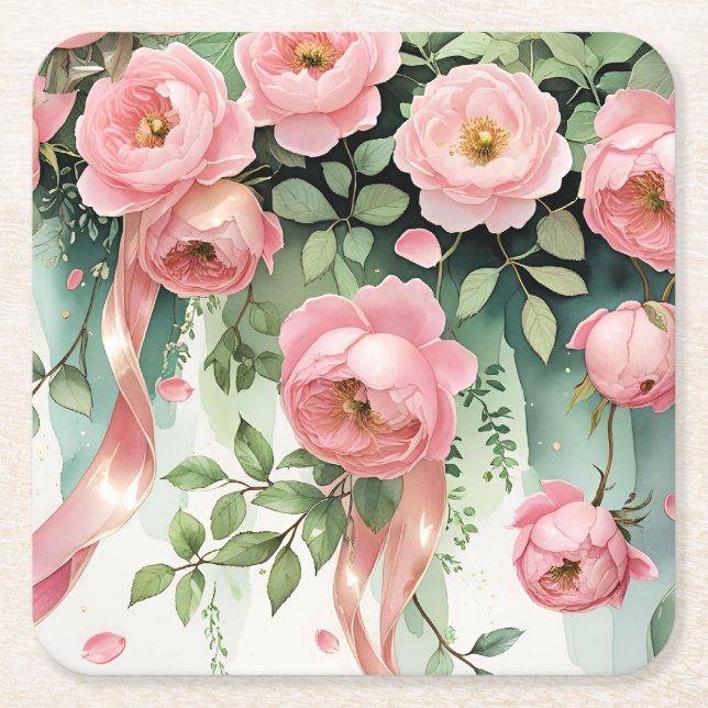 Pink Roses and Ribbons Square Paper Coaster (Front)