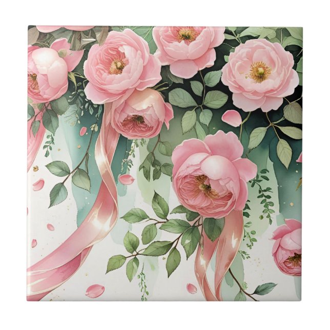Pink Roses and Ribbons Tile (Front)