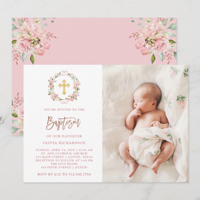Pink Roses and Rose Gold Script | Photo Baptism Invitation (Front/Back)