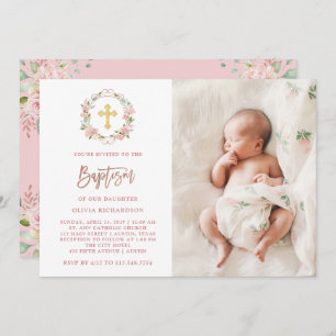 Pink Roses and Rose Gold Script Photo Baptism Invitation