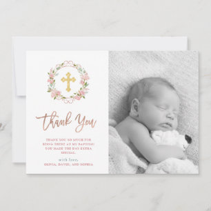 Pink Roses and Rose Gold Script Photo Baptism Thank You Card