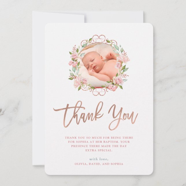 Pink Roses and Rose Gold Script | Photo Baptism Thank You Card (Front)
