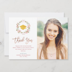 Pink Roses and Rose Gold Script   Photo Graduation Thank You Card