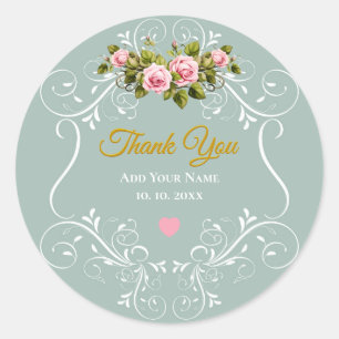 Pink Roses and Sage Green Foliage Thank You Classic Round Sticker