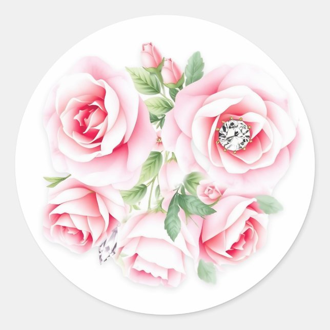 Pink Roses and Sage Green Foliage Wedding Classic Round Sticker (Front)