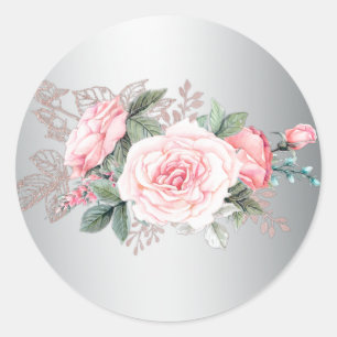 Pink Roses and Silver Wedding Classic Round Sticker
