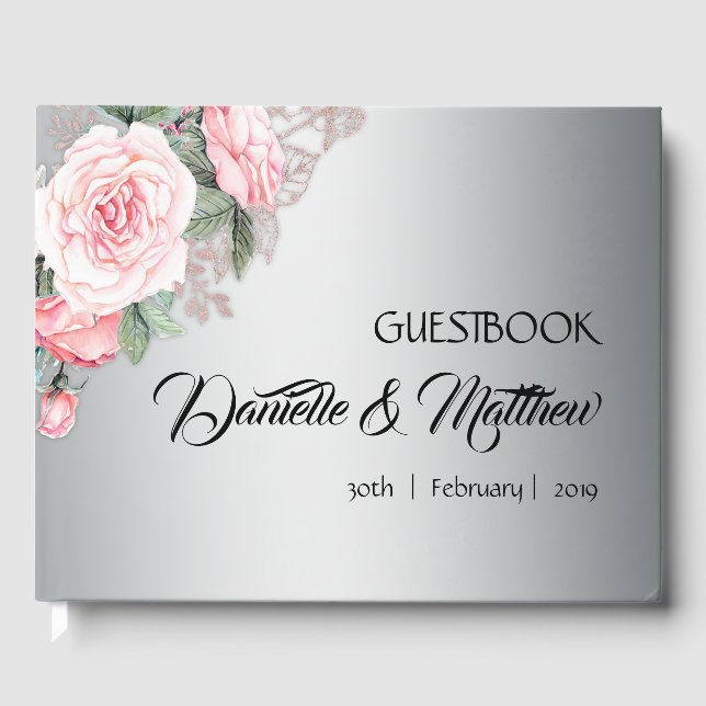 Pink Roses and Silver Wedding Guestbook (Front)