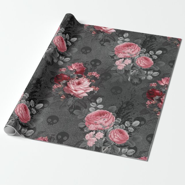 Pink Roses and Skulls on Grey Wrapping Paper (Unrolled)