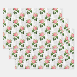 Pink Roses and Skulls on White Wrapping Paper Sheet