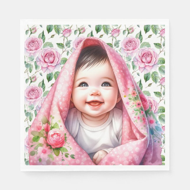 Pink Roses and Smiling Baby Girl's Baby Shower Napkin (Front)