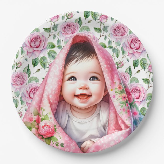 Pink Roses and Smiling Baby Girl's Baby Shower Paper Plate (Front)