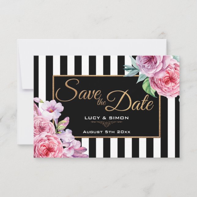 Pink Roses and Stripes Save the Date Card (Front)