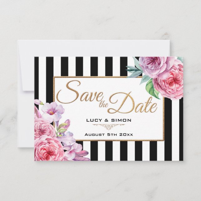 Pink Roses and Stripes Save the Date Card (Front)