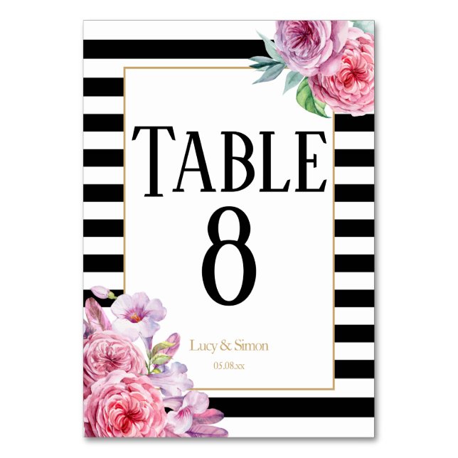 Pink Roses and Stripes Wedding Table Number (Front)
