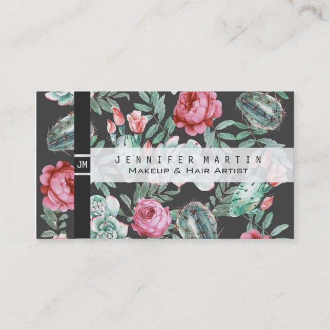 Pink Roses and Succulent Cactus Pattern on Black Business Card (Front)