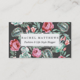 Pink Roses and Succulent Cactus Pattern on Black Business Card