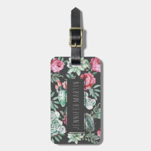 Pink Roses and Succulent Cactus Pattern on Black Luggage Tag