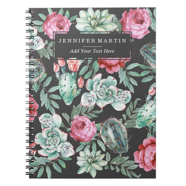 Pink Roses and Succulent Cactus Pattern on Black Notebook (Front)