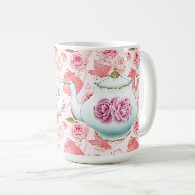 Pink Roses And Tea Pots Coffee Mug (Front Right)