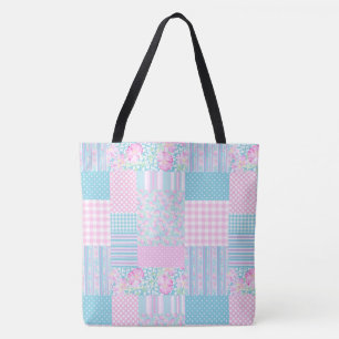 Pink Roses and White Butterflies Faux Patchwork Tote Bag