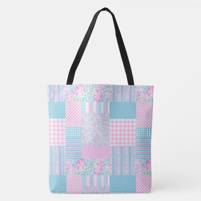 Pink Roses and White Butterflies Faux Patchwork Tote Bag (Front)