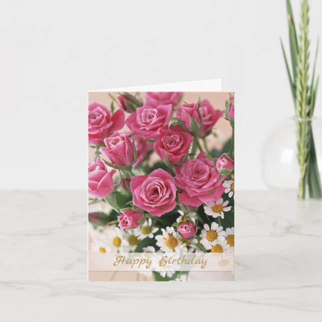Pink roses and white daisy Birthday Card (Front)