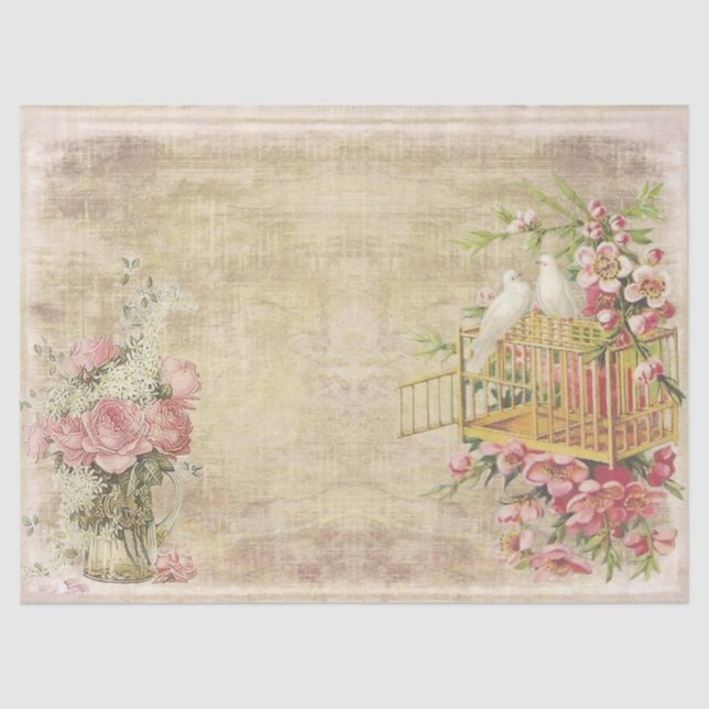 Pink Roses and White Doves on Tan Distressed Tissue Paper (Front)