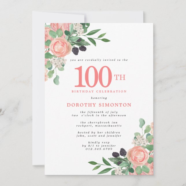 Pink Roses and White Floral 100th Birthday Invitation (Front)