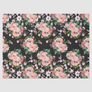 Pink Roses and White Flowers on Black Decoupage Tissue Paper