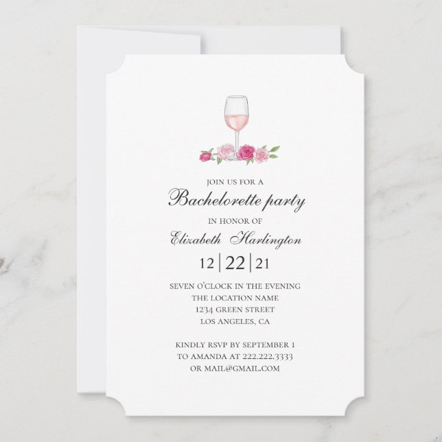 Pink roses and wine. Floral bachelorette party Invitation (Front)