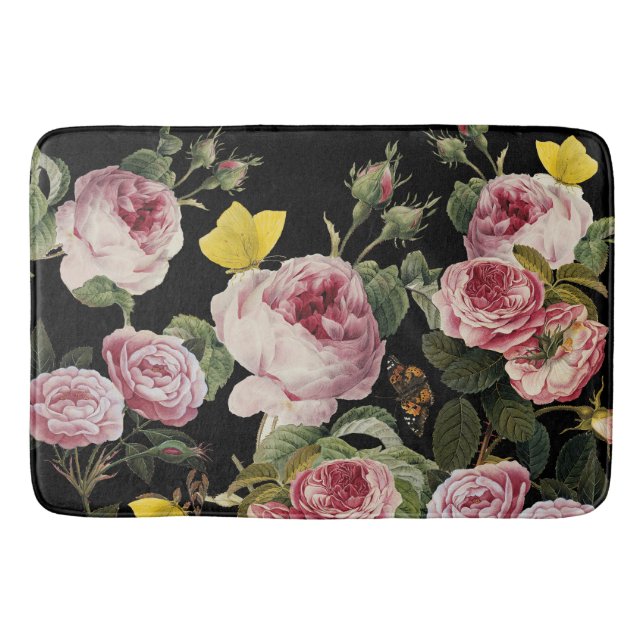 PINK ROSES AND YELLOW BUTTERFLIES Black Floral Bath Mat (Front)