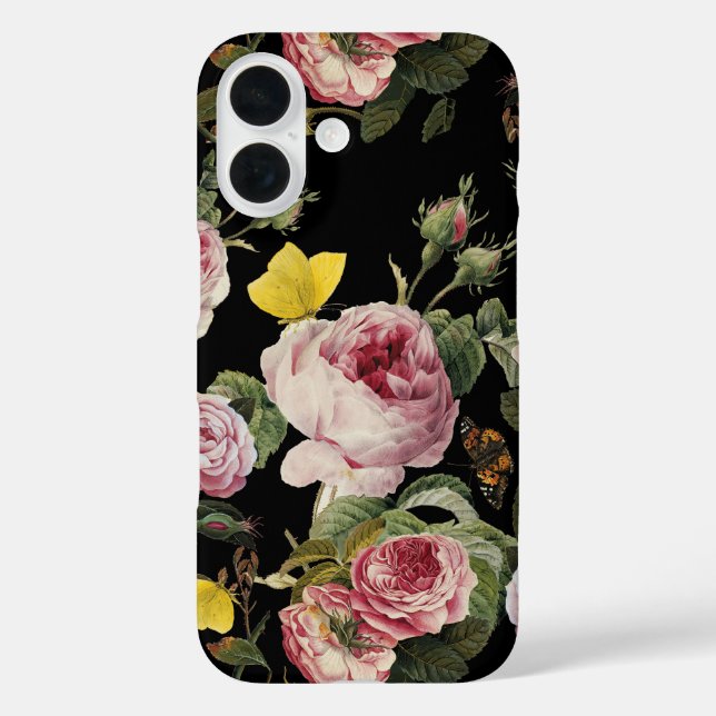 PINK ROSES AND YELLOW BUTTERFLIES Black Floral Case-Mate iPhone Case (Back)