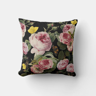 PINK ROSES AND YELLOW BUTTERFLIES Black Floral Cushion