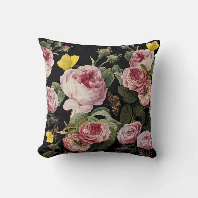 PINK ROSES AND YELLOW BUTTERFLIES Black Floral Cushion (Front)