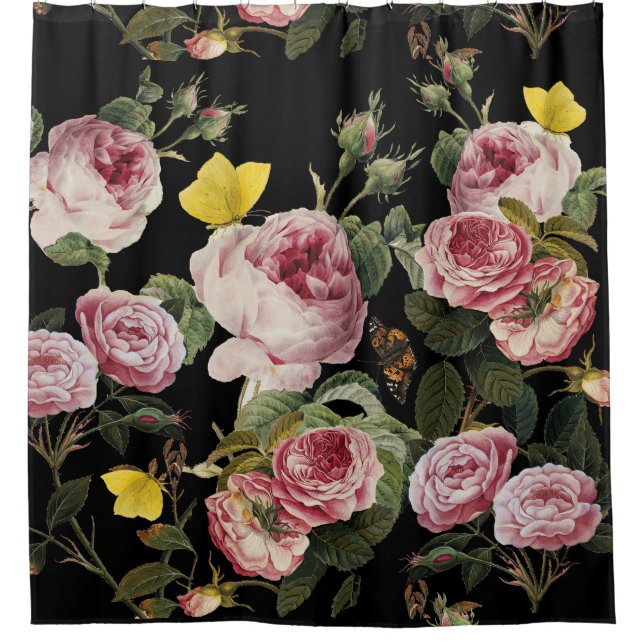 PINK ROSES AND YELLOW BUTTERFLIES Black Floral Shower Curtain (Front)