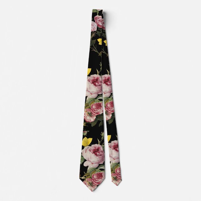 PINK ROSES AND YELLOW BUTTERFLIES Black Floral  Tie (Front)