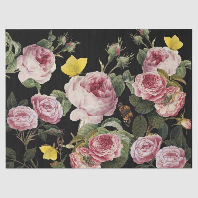 PINK ROSES AND YELLOW BUTTERFLIES Black Floral Tissue Paper (Front)