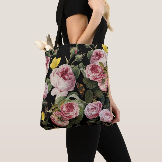 PINK ROSES AND YELLOW BUTTERFLIES Black Floral Tote Bag (Close Up)