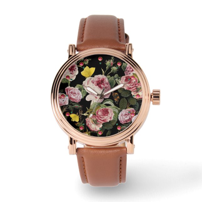 PINK ROSES AND YELLOW BUTTERFLIES Black Floral Watch (Front)