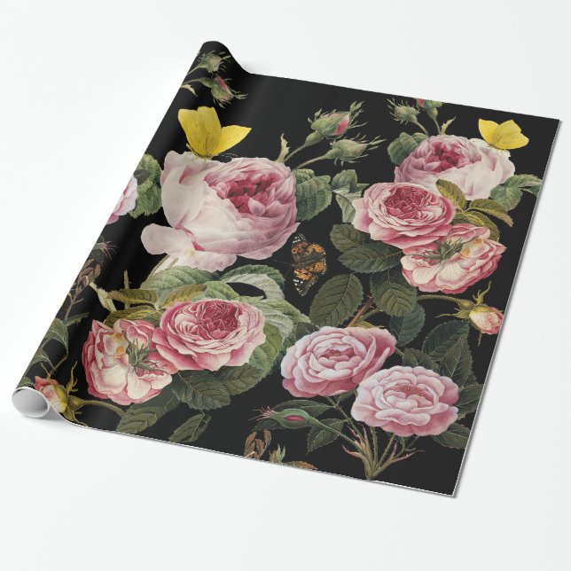 PINK ROSES AND YELLOW  BUTTERFLIES Black Floral Wrapping Paper (Unrolled)