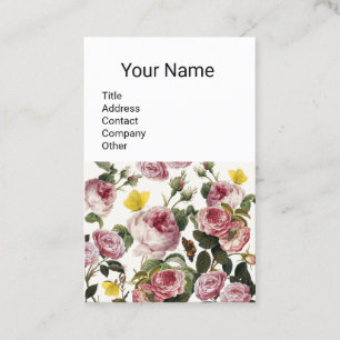 PINK ROSES AND YELLOW BUTTERFLIES White Floral Business Card