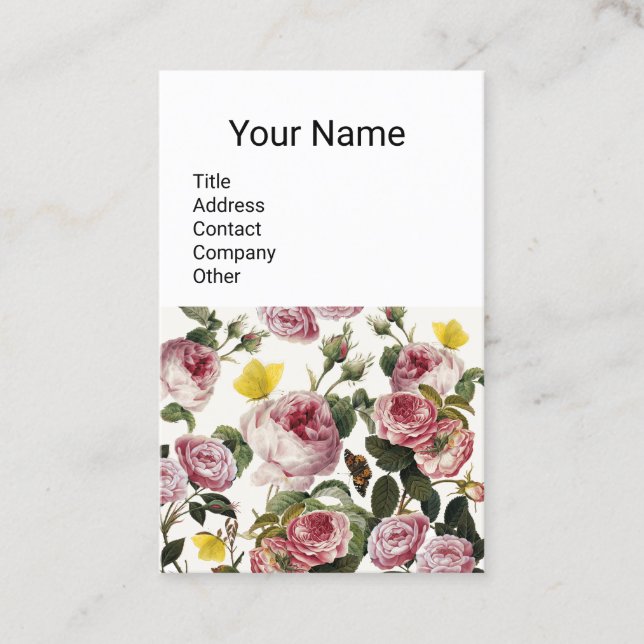 PINK ROSES AND YELLOW BUTTERFLIES  White Floral Business Card (Front)