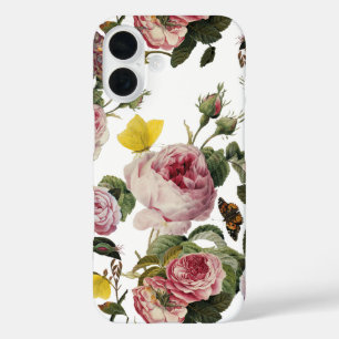 PINK ROSES AND YELLOW BUTTERFLIES White Floral iPhone 16 Case