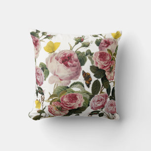 PINK ROSES AND YELLOW BUTTERFLIES White Floral Cushion