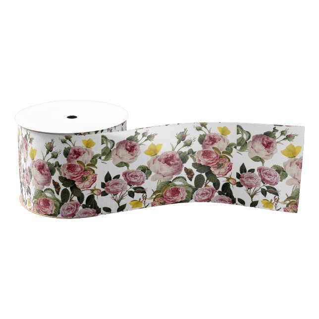 PINK ROSES AND YELLOW BUTTERFLIES White Floral Grosgrain Ribbon (Spool)