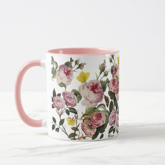 PINK ROSES AND YELLOW BUTTERFLIES White Floral Mug (Left)