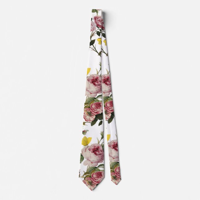 PINK ROSES AND YELLOW BUTTERFLIES White Floral  Tie (Front)
